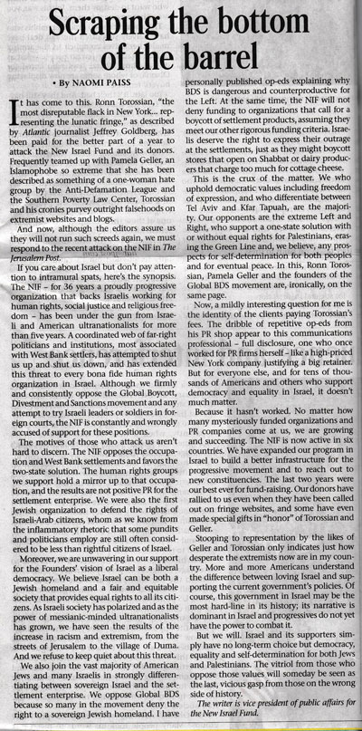 Jerusalem Post - Scraping the Bottom of the Barrel - An image of the column in today’s print edition.