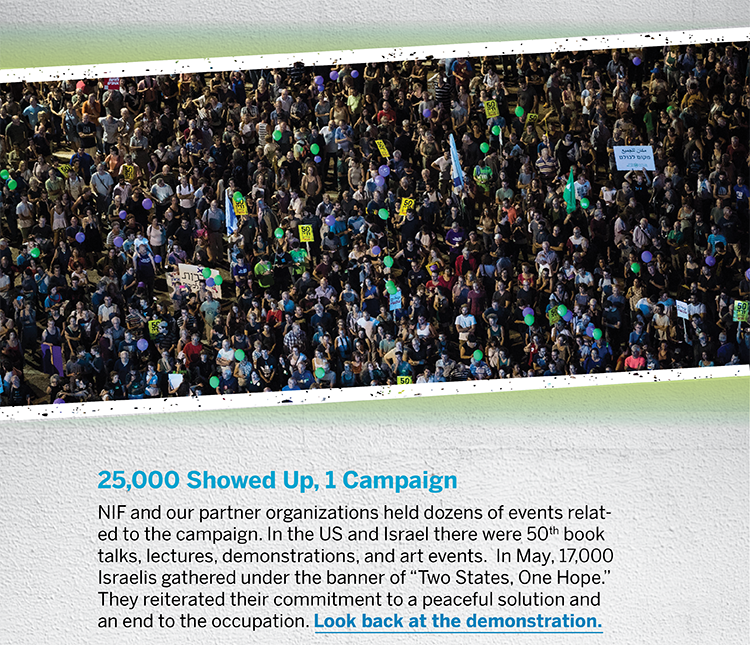 25,000 Showed Up, 1 Campaign - NIF and our partner organizations held dozens of events related to the campaign. In the US and Israel there were 50th book talks, lectures, demonstrations, and art events.  In May, 17,000 Israelis gathered under the banner of “Two States, One Hope.” They reiterated their commitment to a peaceful solution and an end to the occupation. Look back at the demonstration.