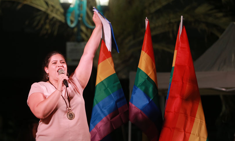 Person Stands in Front of Pride Flags