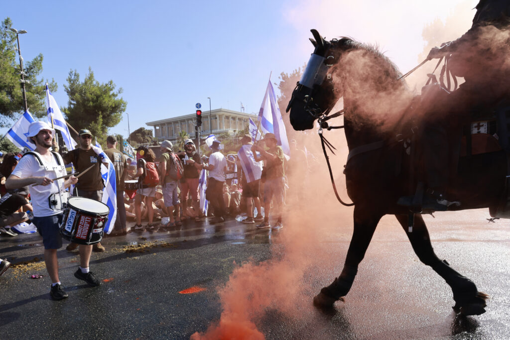 A police horse in front of protestors.